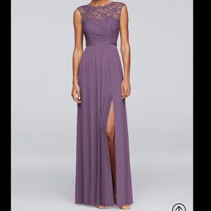 Davids Bridal Long bridesmaid dress w/ lace bodice